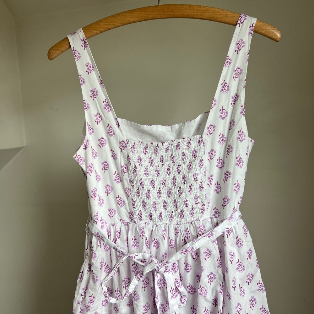 J. Crew Block Print Boho Ruffle Tiered Dress‎ Floral White Cotton Midi Size 10 - Picture 5 of 9